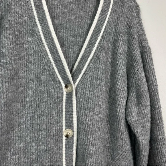 a new day Gray White Varsity Stripe Trim Fuzzy Eyelash Knit Button Down Cardigan - Picture 3 of 6